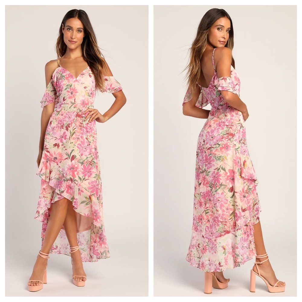 NWOT Lulus Watch Me Grow Pink Floral Print Cold-Shoulder High-Low Dress